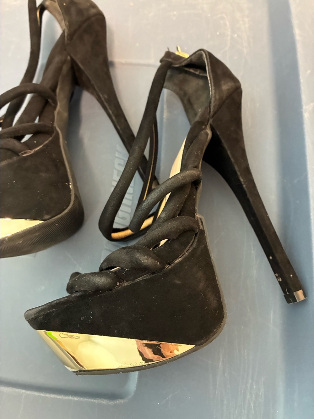 Charlotte Russe Black Strappy High Heel platform stilettos. Metallic base.